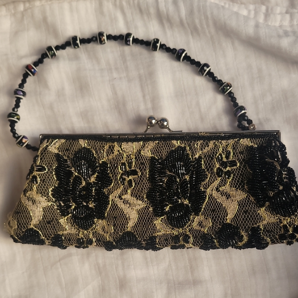 Chic Black Lace Clutch with Beaded Handle